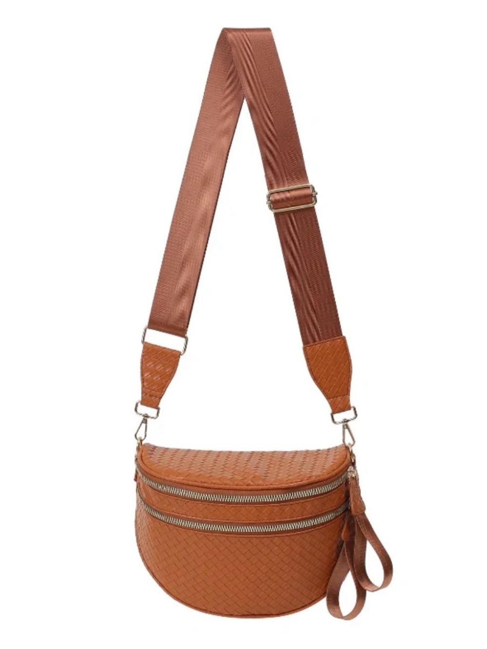 Woven Leather Crossbody Saddle Bag in Cognac Brown